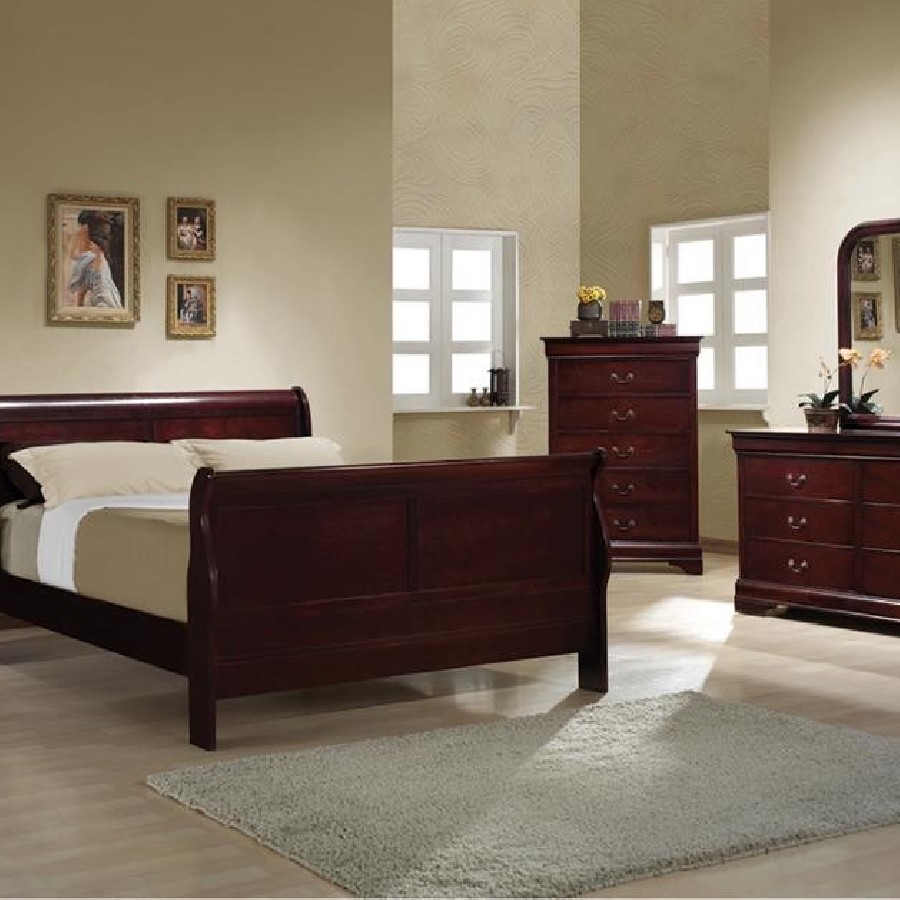 Louis Philippe Queen Sleigh Panel Bed Red Brown