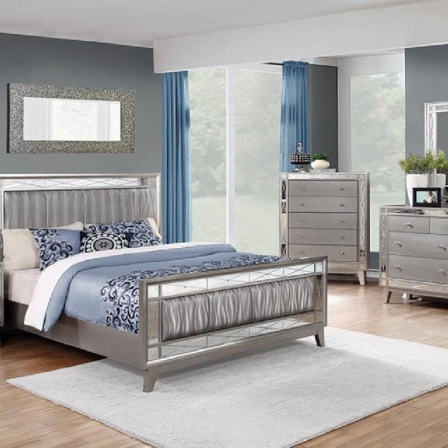 Leighton Eastern King Panel Bed with Mirrored Accents  Mercury Metallic