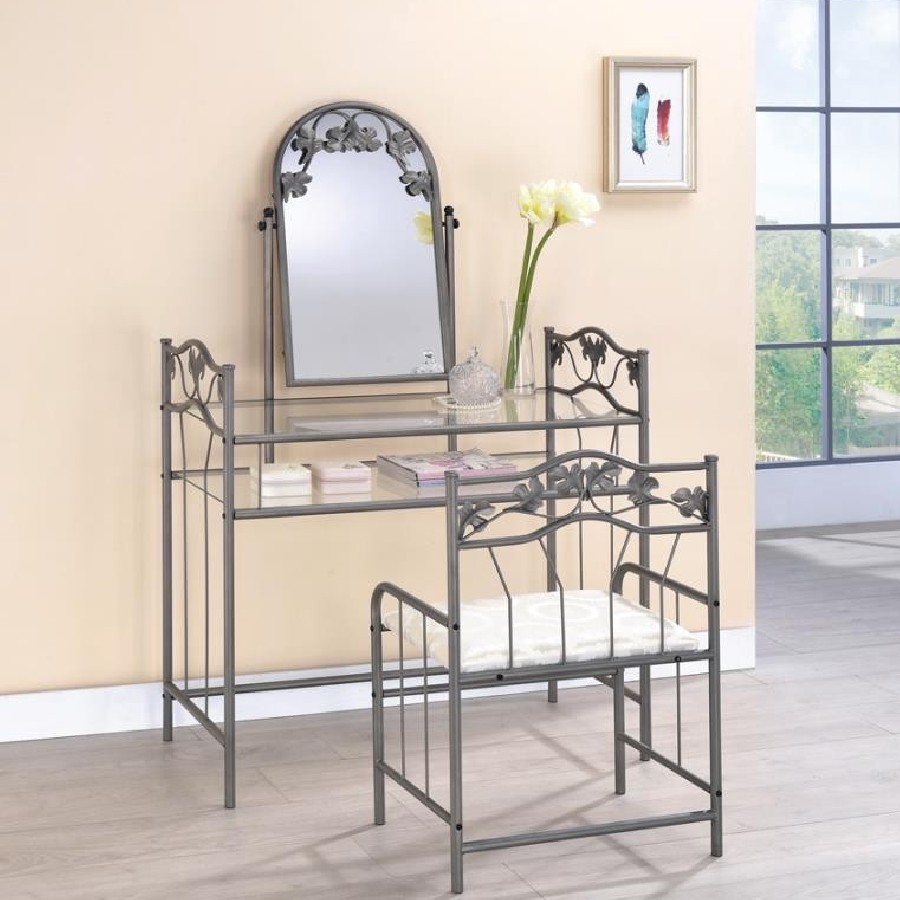 2-piece Metal Vanity Set with Glass Top Pewter and Ivory