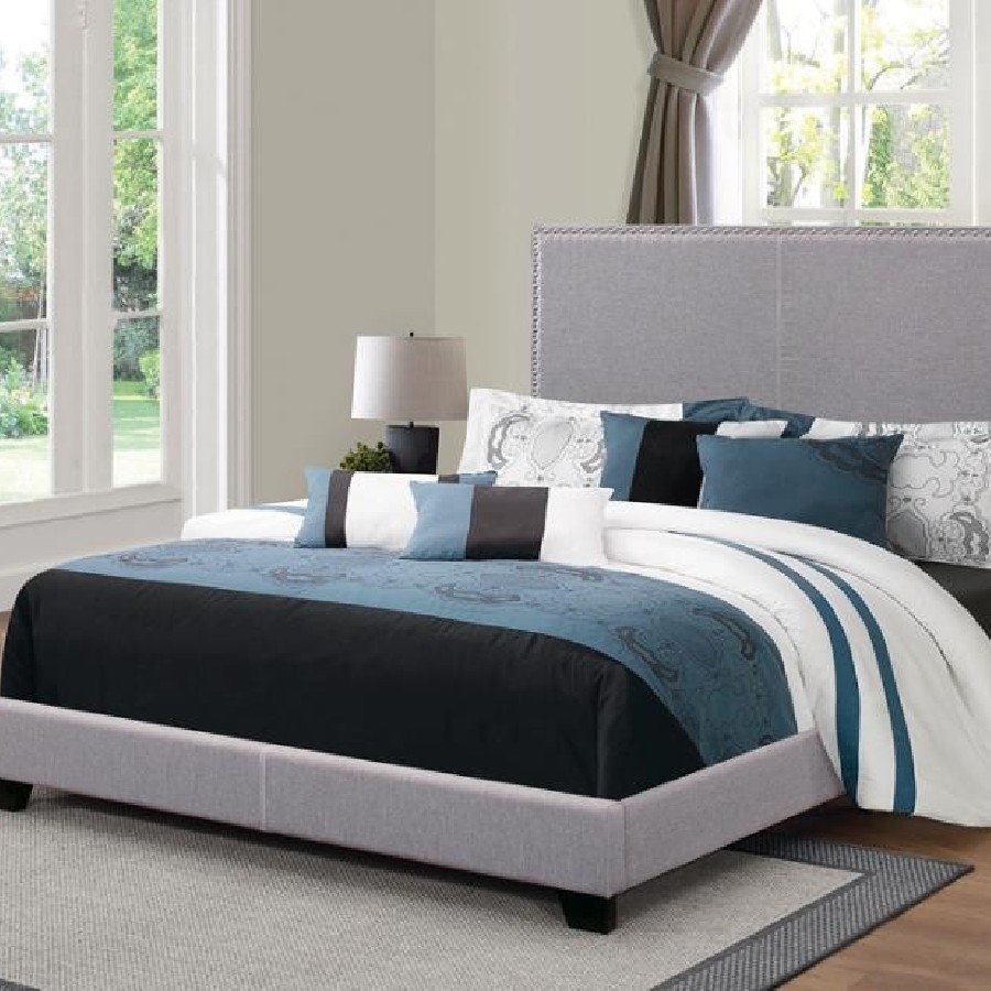 Boyd Eastern King Upholstered Bed with Nailhead Trim Grey